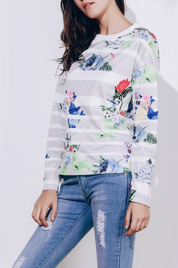 Attractive manches rayé coloré Imprimé long T-shirt pour femme - Gris M