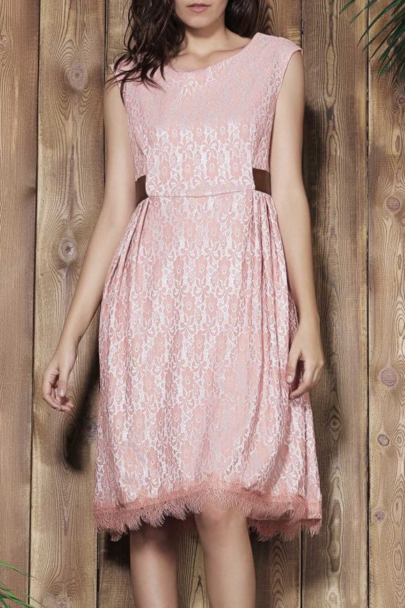 Robe de bal Robe de style vintage de cou de scoop sans manches en dentelle femmes rose - Rose L