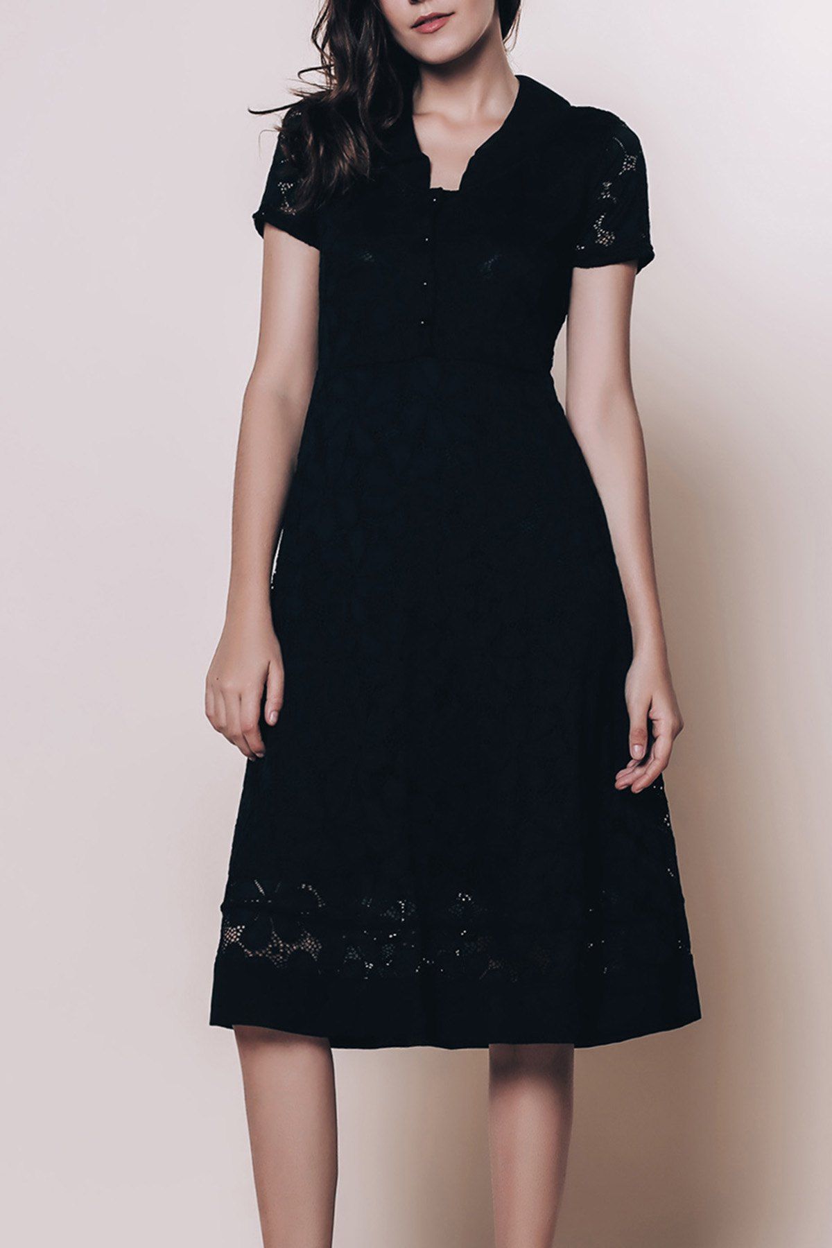 

Vintage Style Short Sleeve V-Neck Lace Women's Black Dress