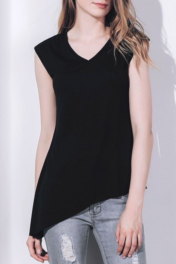 Col V femmes élégantes manches courtes T-shirt asymétrique - Noir S