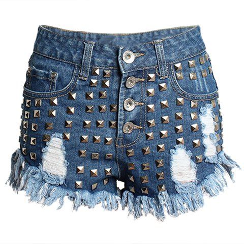 Street Style Mid Waist Rivet Embellish Hole Design Women's Denim Shorts - Bleu profond 38
