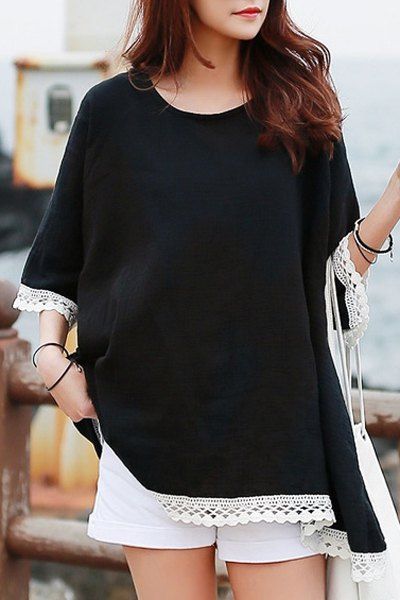 Stylish Women's Laciness Embellished 3/4 Sleeve T-Shirt - Noir ONE SIZE(FIT SIZE XS TO M)