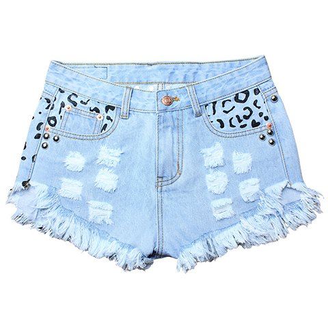 Street Style Women's Hole Design Rivet Embellish Fringed Denim Shorts - Bleu clair M