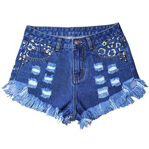 Street Style High Waist Women's Hole Design Rivet Embellish Fringed Denim Shorts - Bleu profond M