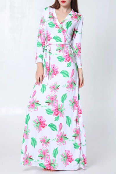 Trendy Long Sleeve Belted Floral Printed Maxi Dress For Women - Blanc ONE SIZE(FIT SIZE XS TO M)