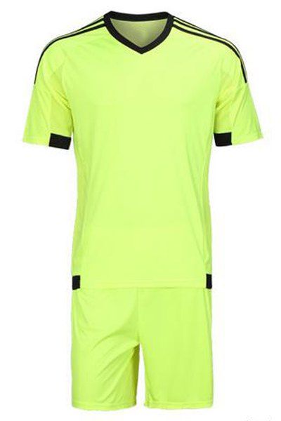 Football T-shirt Costume (T-Shirt + Shorts) Stripe Color Block Spliced ​​design V-cou à manches courtes  's - Fluorescent Jaune 2XL