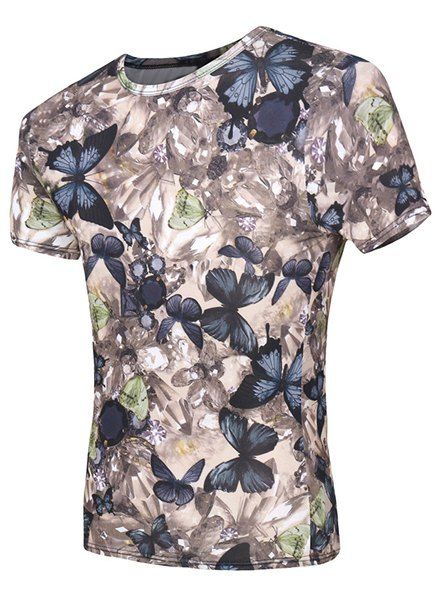 Short Sleeve Butterflys Print Round Neck Men's T-Shirt - multicolore M
