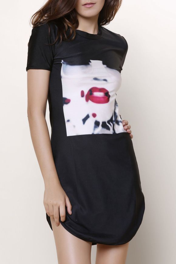 Stylish Short Sleeve Round Collar Printed Women's Bodycon Dress - Noir M