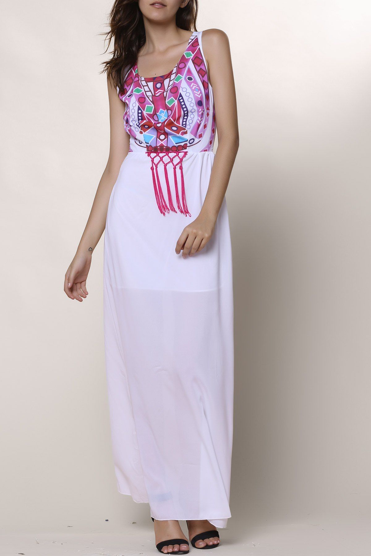

Ethnic Style Sleeveless Round Collar Printed Women' Dress, White