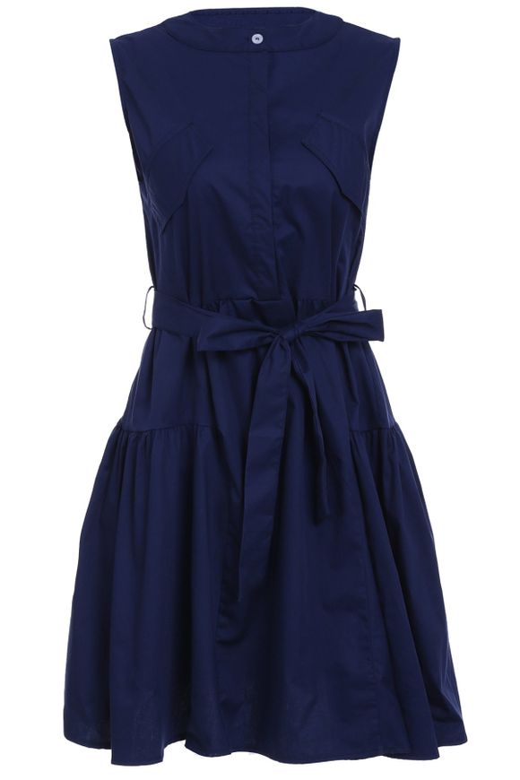 Trendy Sleeveless Pure Color Belted Dress For Women - Bleu profond L