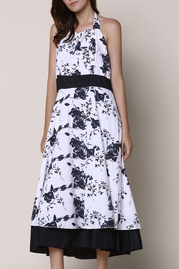 Vintage Floral Printed Halter High Waist Pleated Ball Gown Dress For Women - Blanc et Noir S