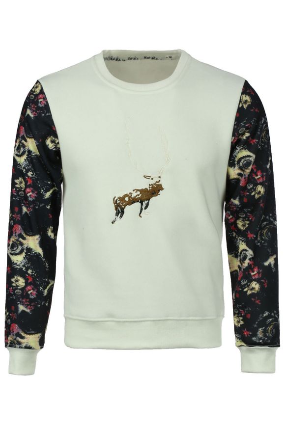 Round Neck Space Print Spliced Elk Embroidered Long Sleeve Men's Sweatshirt - Blanc 5XL