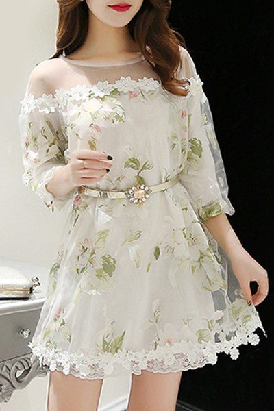 Elegant Women's Jewel Neck 3/4 Sleeve Floral Print Belted Organza Dress - Blanc S
