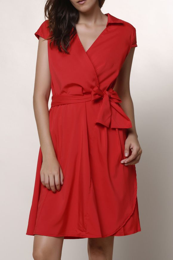 Collier Graceful Turn-Down robe à manches courtes Pure Color Lace-Up pour les femmes - Rouge L