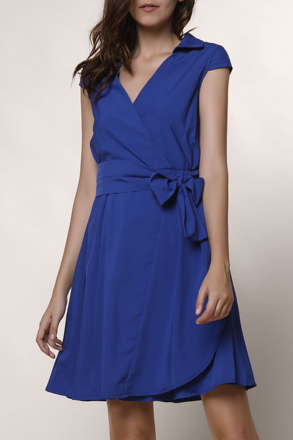 Collier Graceful Turn-Down robe à manches courtes Pure Color Lace-Up pour les femmes - Bleu L