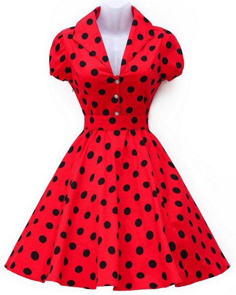 Vintage col rabattu Big Hem Polka Dot Print Women Dress  's - Rouge S