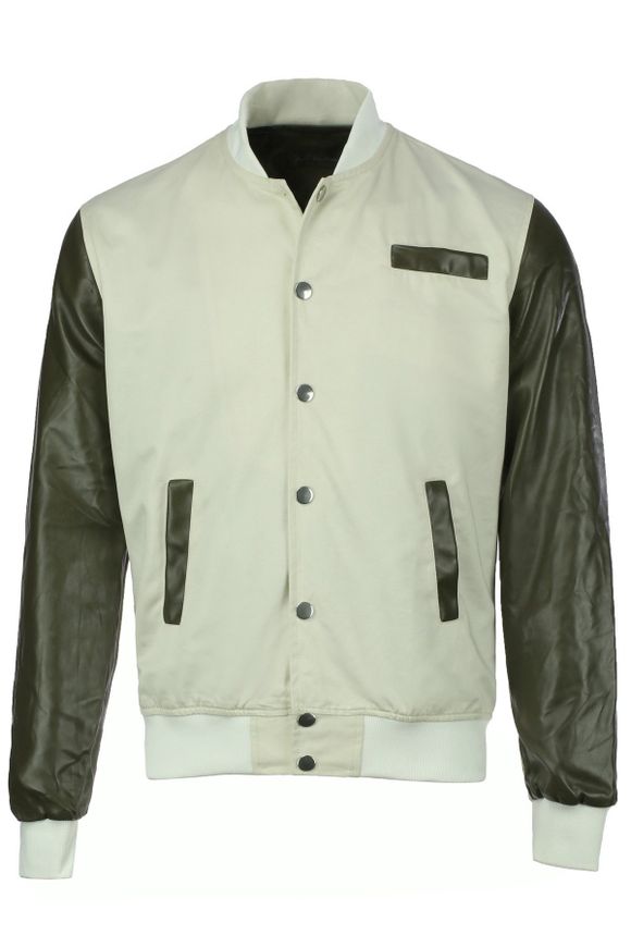 Stylish Stand Collar Color Block PU Leather Long Sleeves Polyester Jacket For Men - Beige 3XL