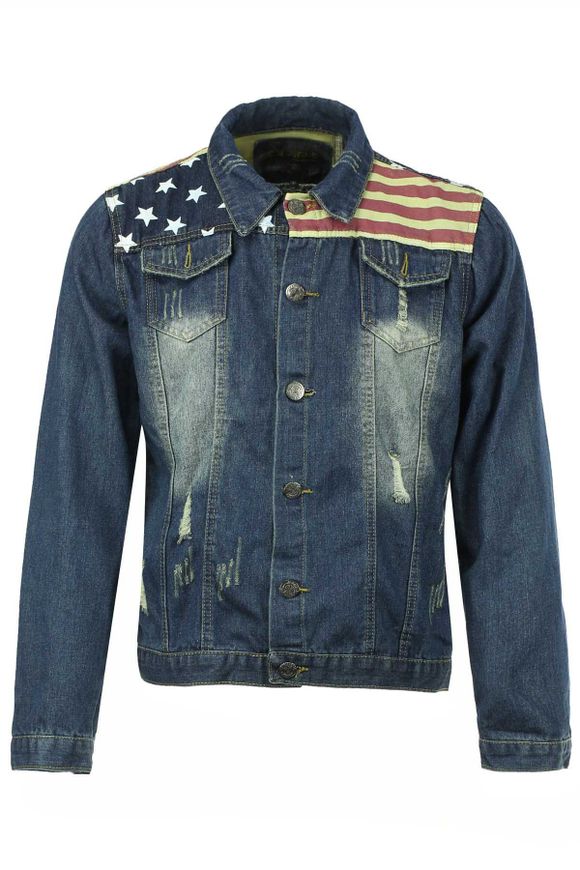 Stylish Turn-down Collar Slimming Five-Pointed Star and Stripes Print Destroy Wash Long Sleeves Men's Denim Jacket - Bleu M