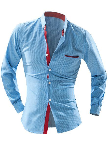 Chemise Contrastant à Pois à Col Rabattu à Manches Longues pour Homme - Bleu 2XL