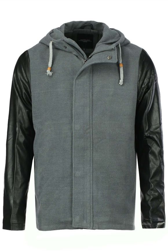 Casual Style Hooded Slimming PU Leather Splicing Long Sleeves Men's Woolen Plus Size Jacket - Gris Clair XL