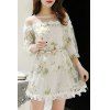 Elegant Women's Jewel Neck 3/4 Sleeve Floral Print Belted Organza Dress - Blanc S