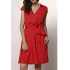 Collier Graceful Turn-Down robe à manches courtes Pure Color Lace-Up pour les femmes - Rouge L