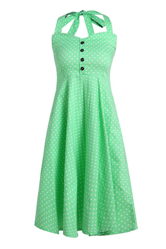 Polka Dot Halterneck Vintage Bouton Dress Design Femmes - Vert S
