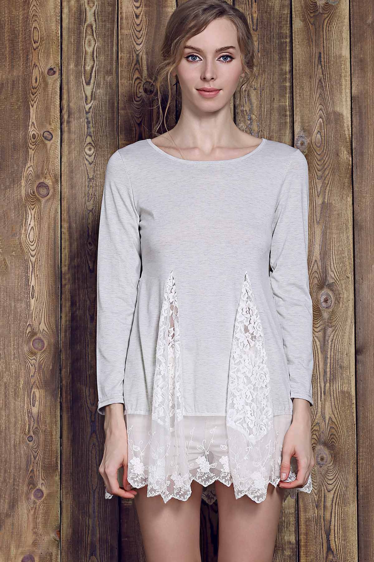 2018 Trendy Long Sleeve Scoop Collar Asymmetrical Lace Splicing Women's