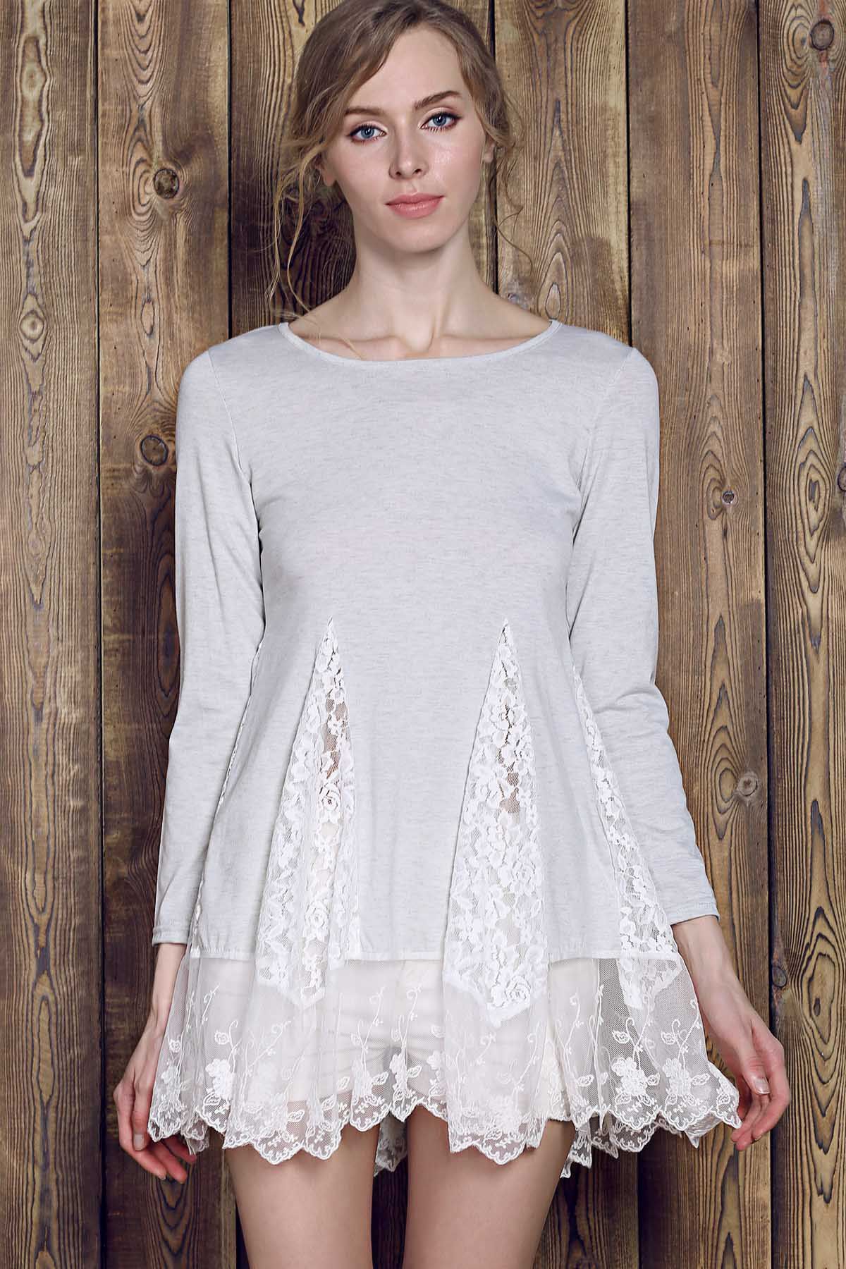 2018 Trendy Long Sleeve Scoop Collar Asymmetrical Lace Splicing Women's