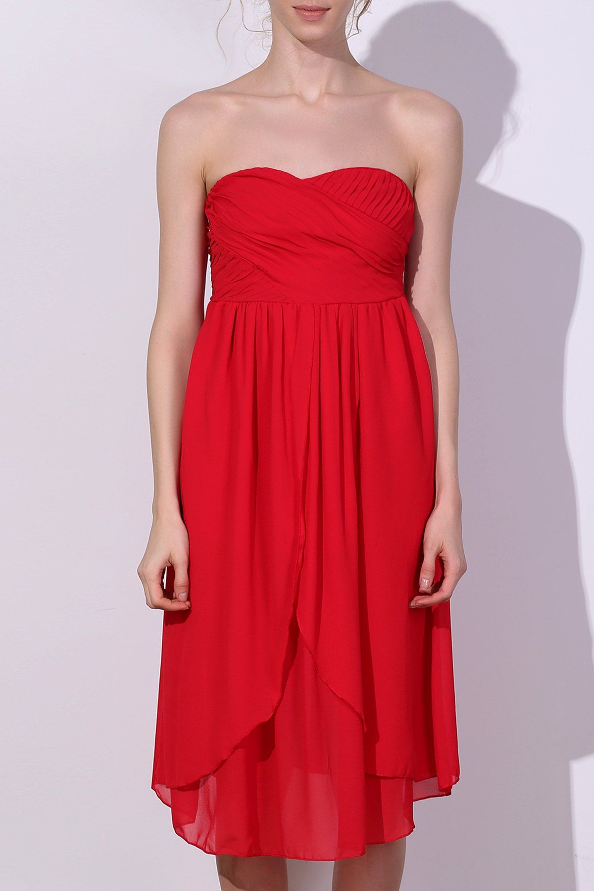 

Charming Women's Strapless Solid Color Ruched Dress, Red