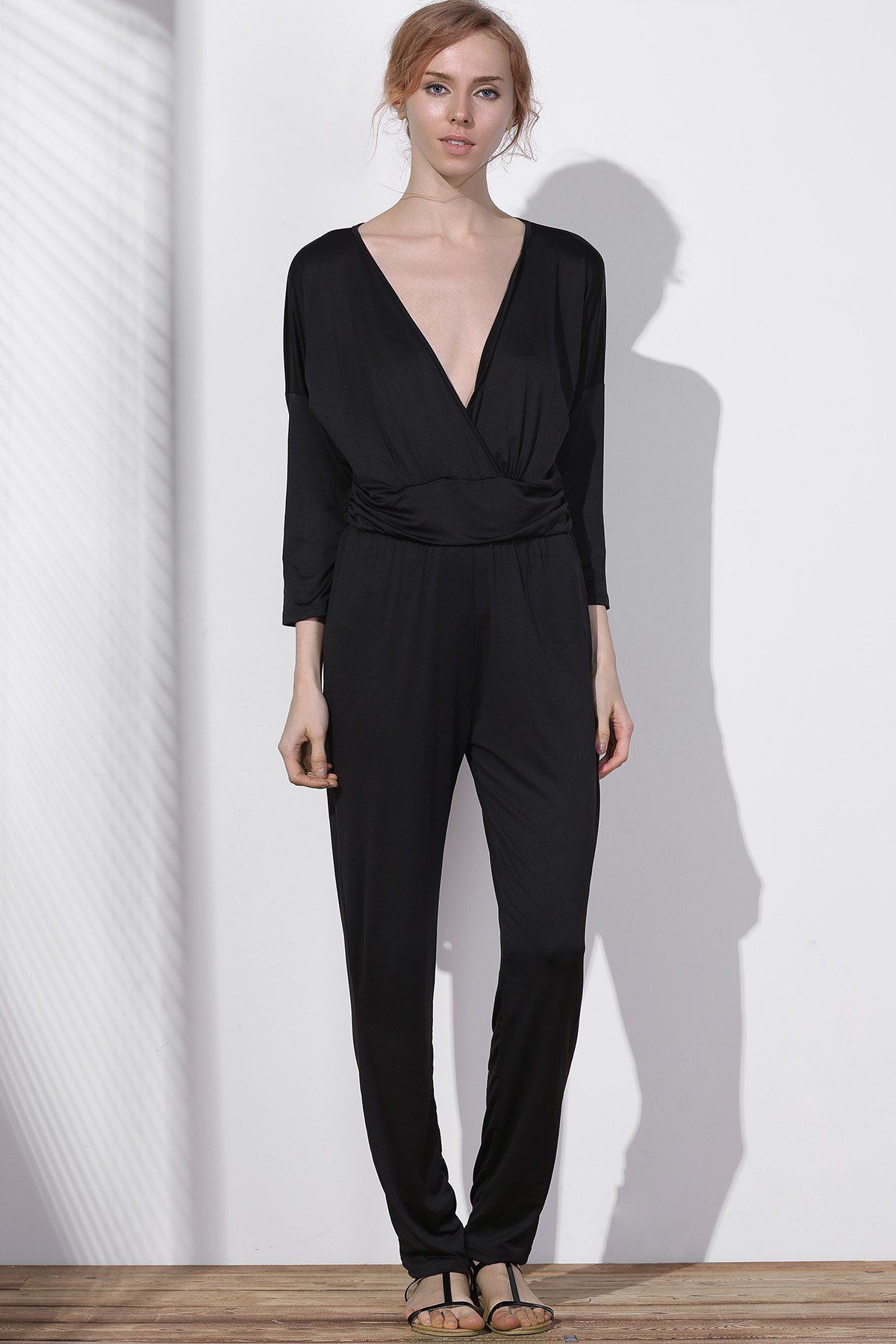 

V Neck Surplice Jumpsuit, Black