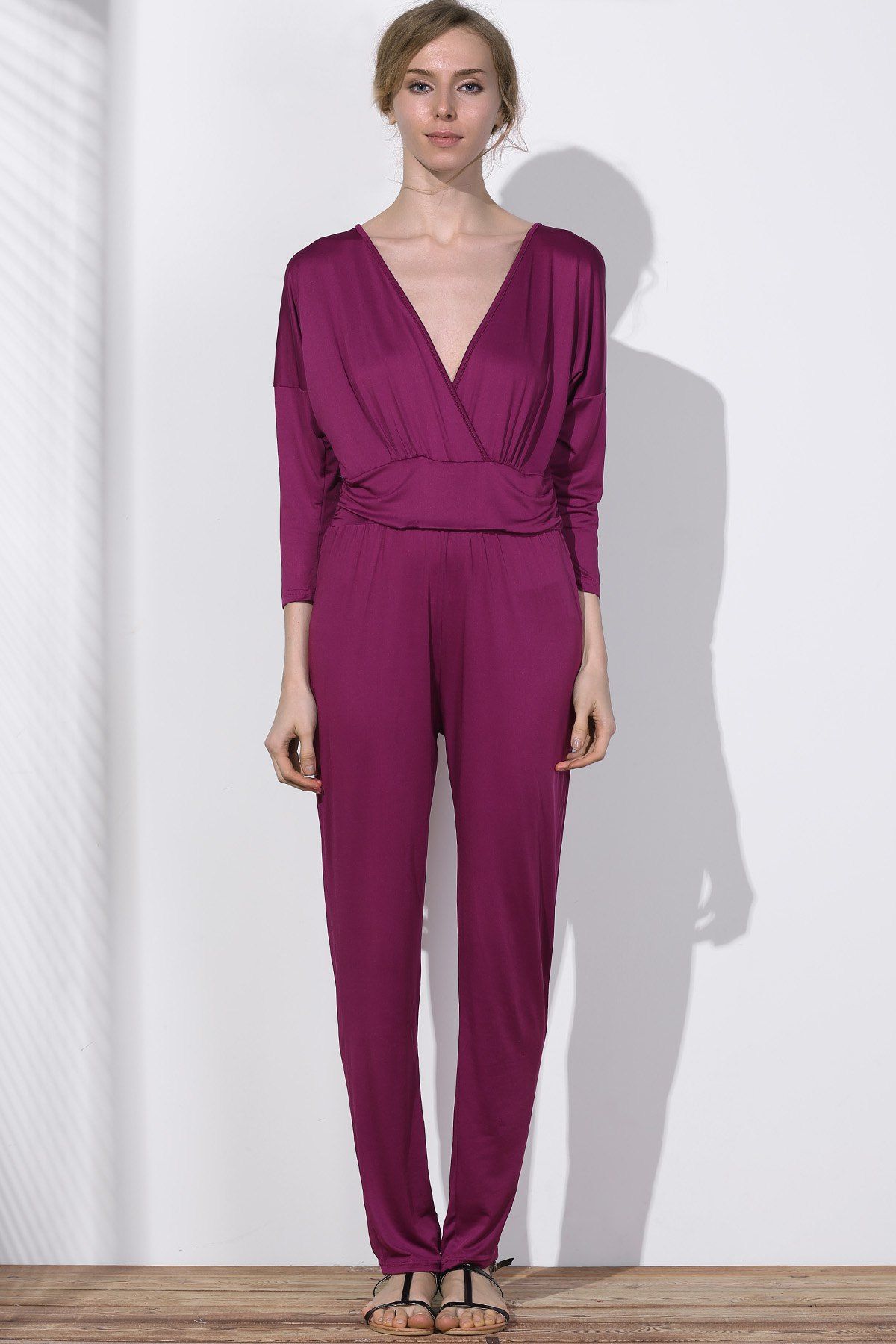 

V Neck Surplice Jumpsuit, Purplish red