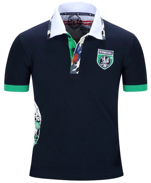 Badge brodé Camo Spliced ​​col rabattu manches courtes hommes  's Polo T-Shirt - Bleu profond 2XL