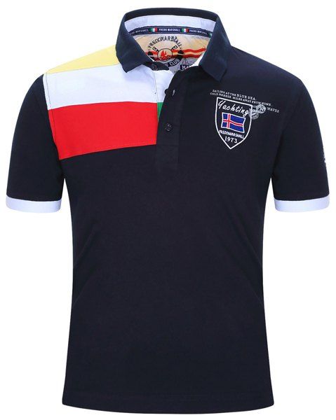 Badge brodé Color Block Stripe col rabattu manches courtes hommes  's Polo T-Shirt - Bleu profond M