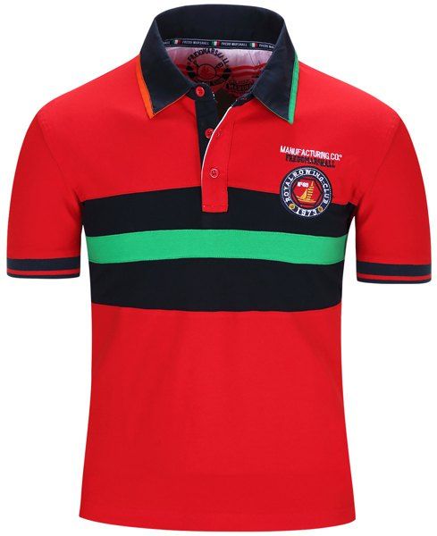 

Embroidered Color Block Stripe Turn-Down Collar Short Sleeve Men's Polo T-Shirt, Red