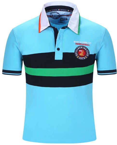Brodé Color Block Stripe col rabattu manches courtes hommes  's Polo T-Shirt - Bleu clair XL