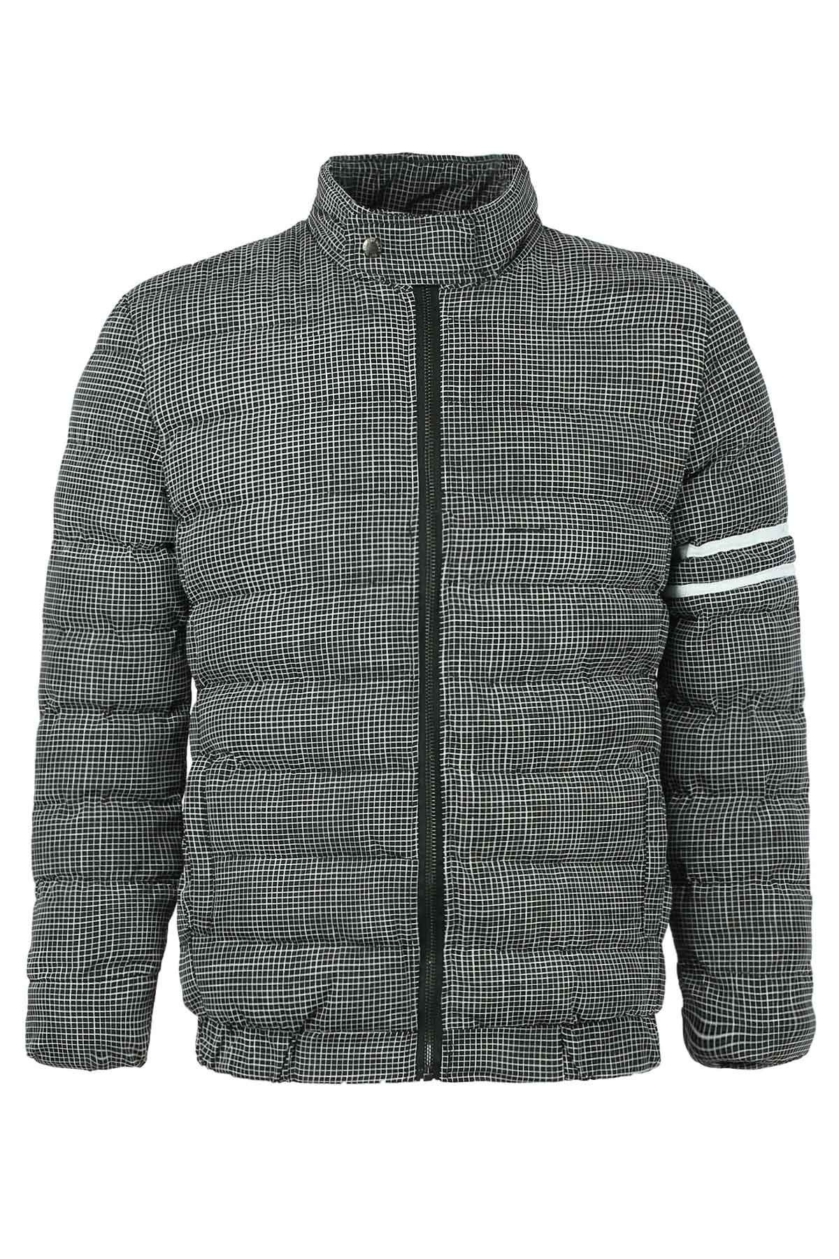 

Stripe Design Stand Collar Long Sleeve Plaid Cotton-Padded Men's Jacket, Black
