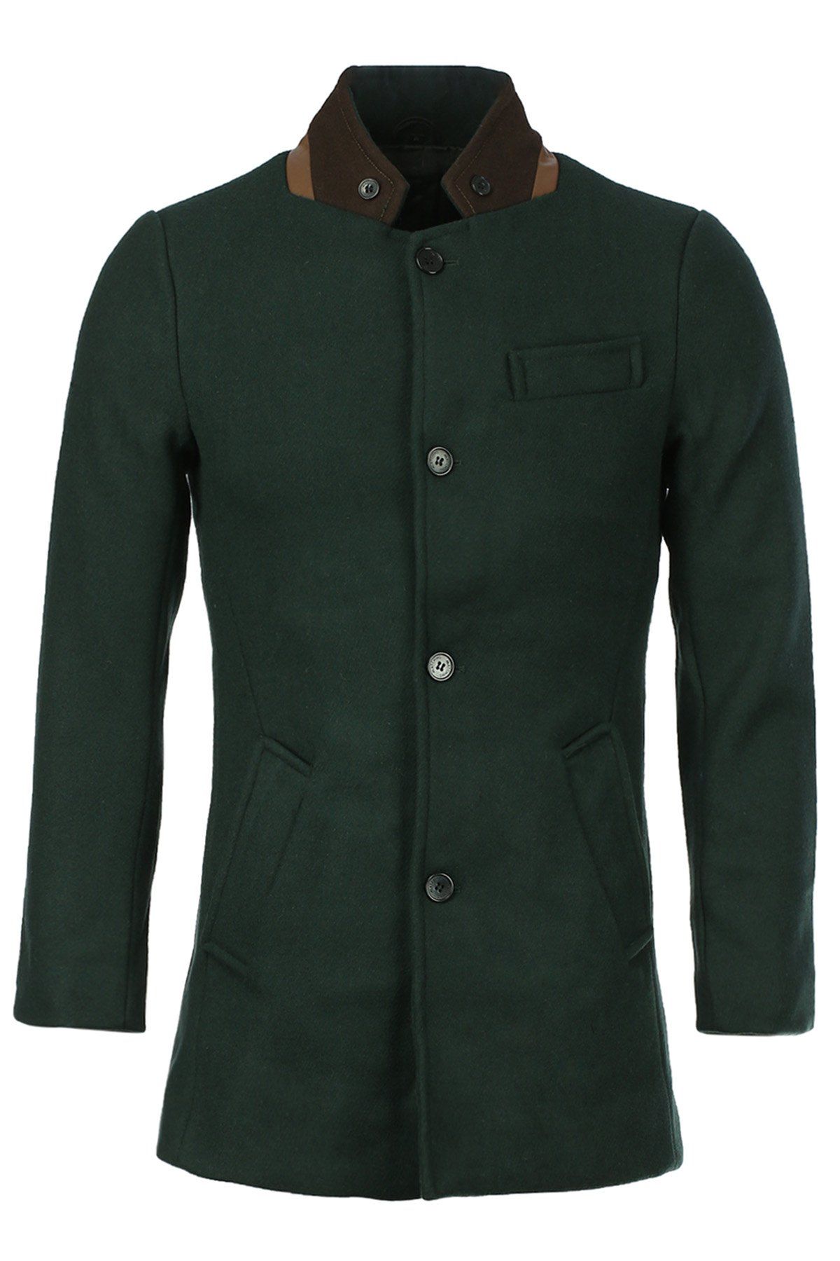 

Slimming Stand Collar PU Leather Spliced Color Block Long Sleeves Men's Woolen Blend Coat, Blackish green