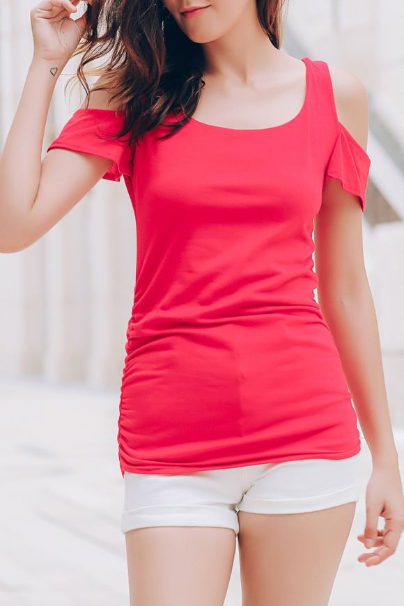Stylish U Neck Short Sleeve Solid Color Cut Out Women's T-Shirt - RED M