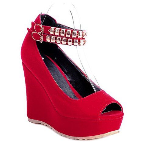 Elégant peep toe et boucle cheville design Femmes  's Shoes Wedge - Rouge 35