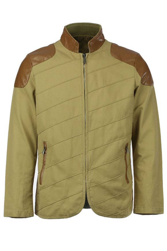Modish Stand Collar Multi-Zipper PU Leather Spliced Color Block Men's Long Sleeves Jacket - Kaki XL