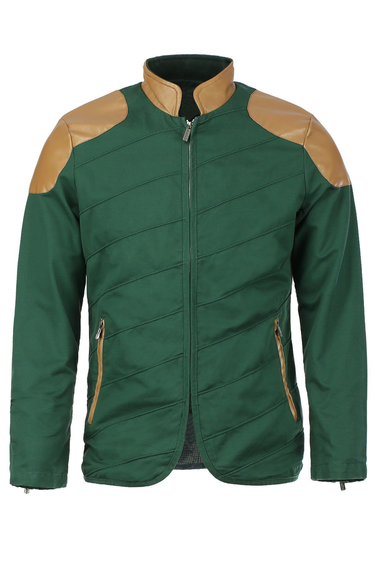 

Modish Stand Collar Multi-Zipper PU Leather Spliced Color Block Men's Long Sleeves Jacket, Blackish green