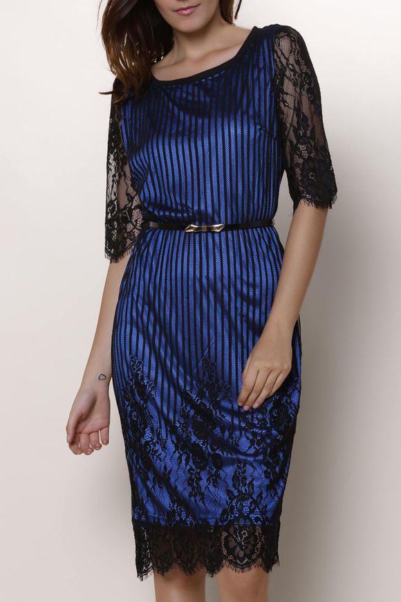 Women's Jewel Neck Lace Splicing 1/2 Sleeve Skinny Dress - Bleu M