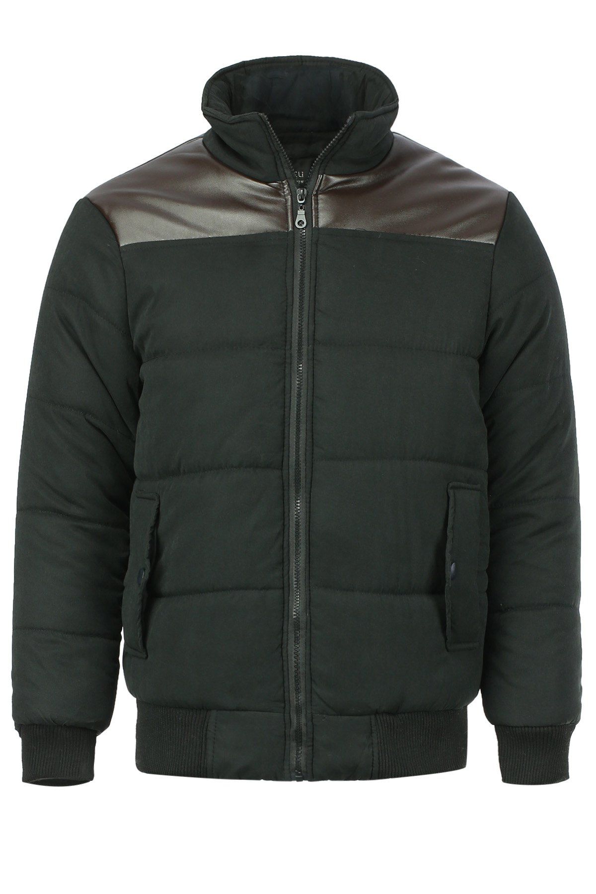 

Slimming PU-Leather Splicing Stand Collar Long Sleeve Men's Cotton-Padded Jacket, Black