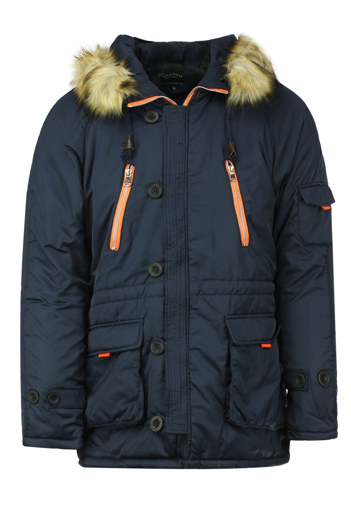 

Hooded Zipper Embellished Flap Pocket Long Sleeve Men's Thicken Padded Coat, Deep blue