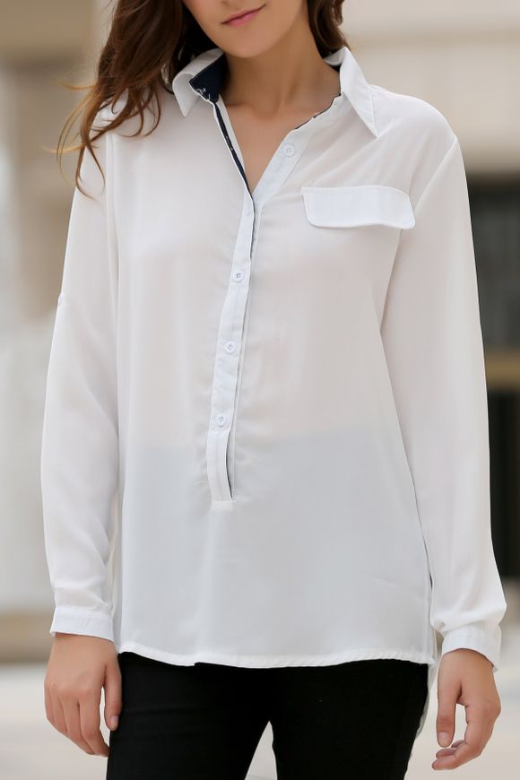 Shirt col élégant Manches longues pour femmes ample Haut Bas Blouse - Blanc XL