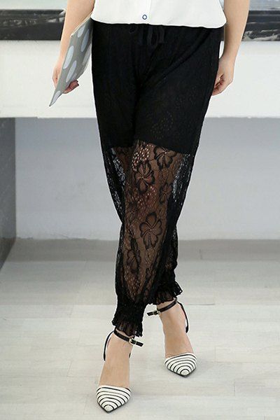 Pantalon Brief Plus Size Lace Drawstring Splicing cheville pour les femmes - Noir 2XL