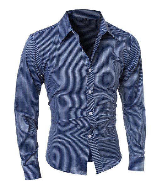 Casual Shirt de minceur col de chemise à rayures verticales Mode manches longues polyester Hommes - Bleu profond M