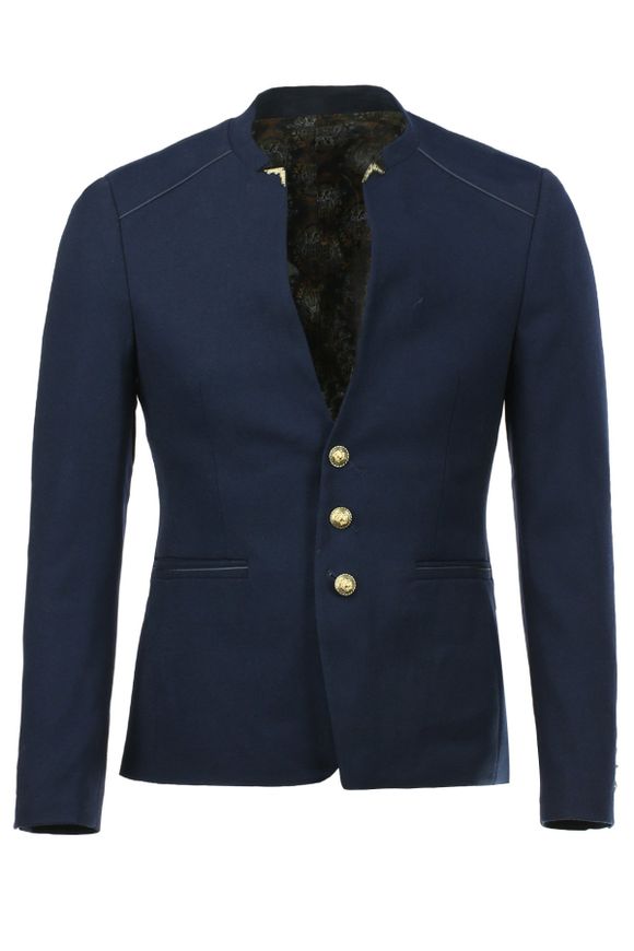 Trendy col droit Bouton unique à poitrine Blazer design Manchettes manches longues hommes - Bleu profond S
