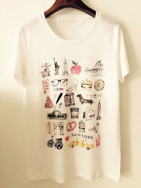 

Stylish Women's Scoop Neck Short Sleeves Print T-Shirt, Off-white